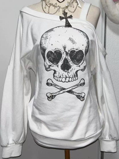 Skull Print Off-Shoulder Hoodie Subculture Gothic Rock Punk Dark Y2K E-girl Autumn/Winter Top
