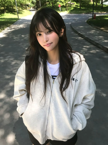 Korean Lazy Chic Hoodie Casual Zip-Up Sweatshirt