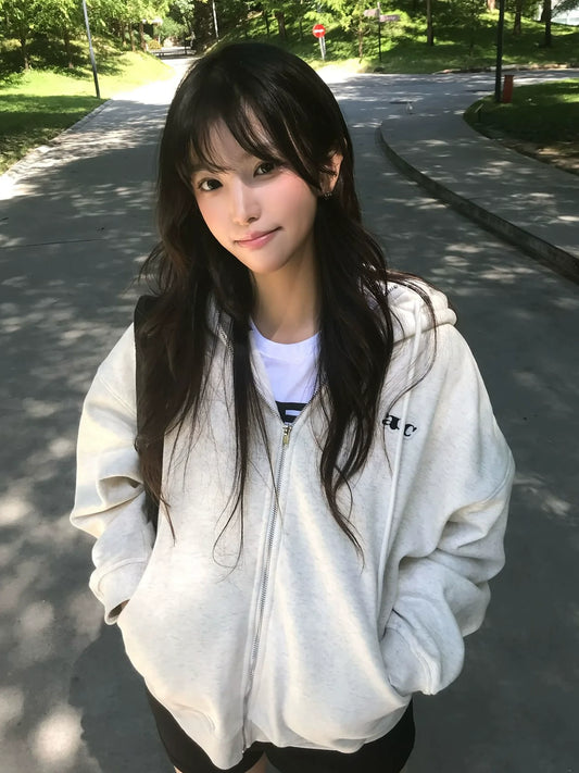 Korean Lazy Chic Hoodie Casual Zip-Up Sweatshirt