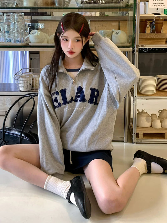 Korean Flocked Embroidery Polo Sweatshirt Heavy Half-Zip Fleece Jacket