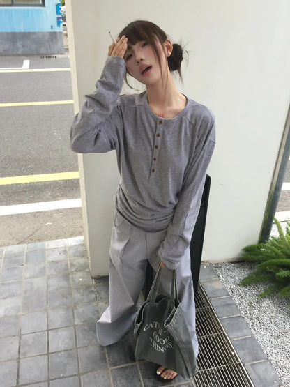 Vintage Linen Henley Long Sleeve Top