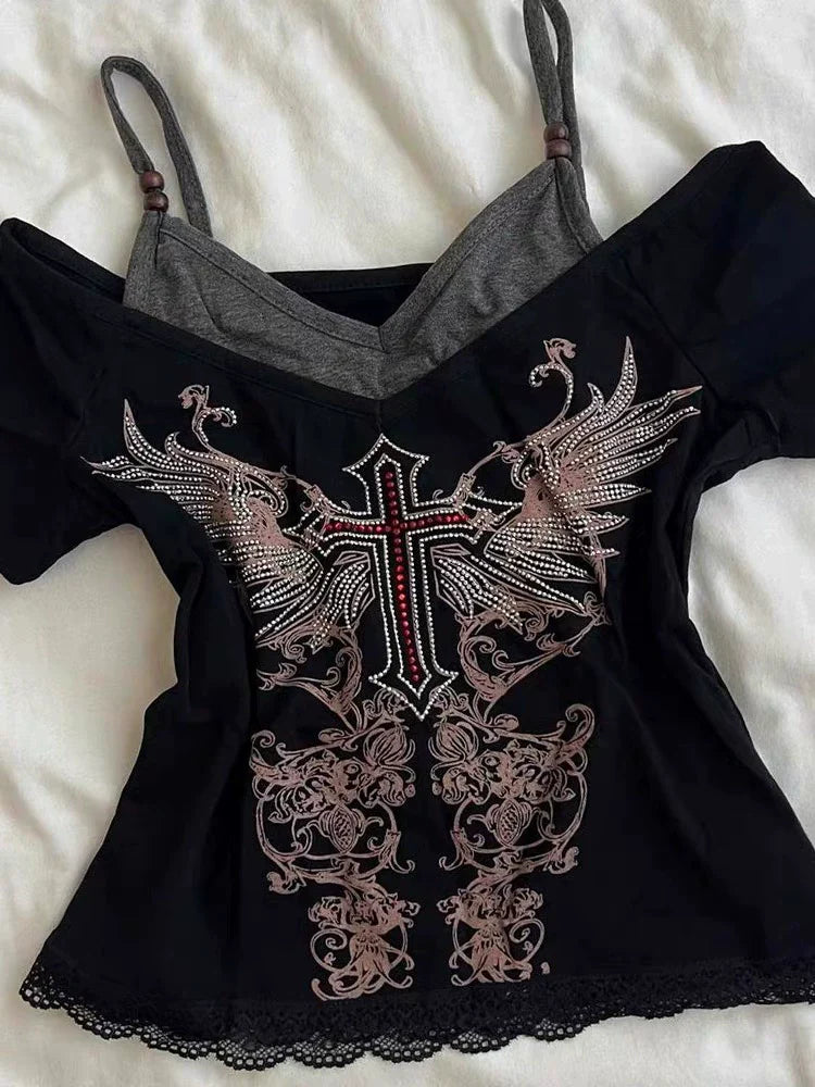 Black Fake Two-Piece Top Subculture Y2K E-girl Abi Vintage Cross Rhinestone Short Sleeve Top
