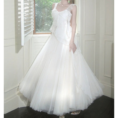 French One-Shoulder Satin Mesh Skirt Set Gown Dress