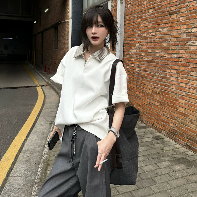 Houndstooth White Polo Tee Cleanfit Summer Short Sleeve Smart Casual Top