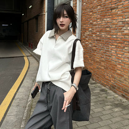 Houndstooth White Polo Tee Cleanfit Summer Short Sleeve Smart Casual Top