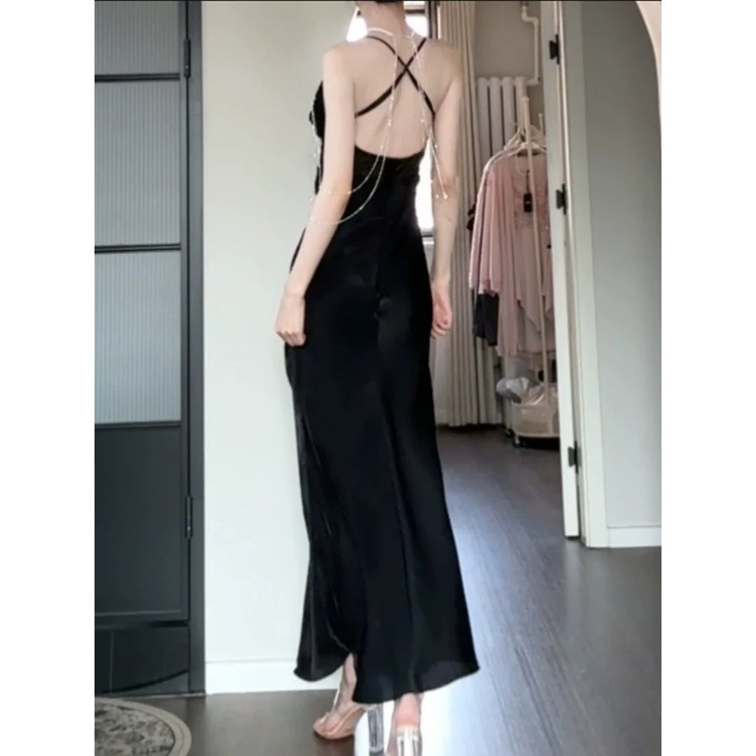 Audrey Hepburn Style Black Cross Satin Spaghetti Strap Gown Dress