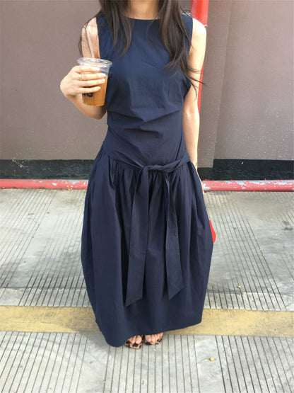 Nautical-Inspired Sleeveless Wrap Midi Dress