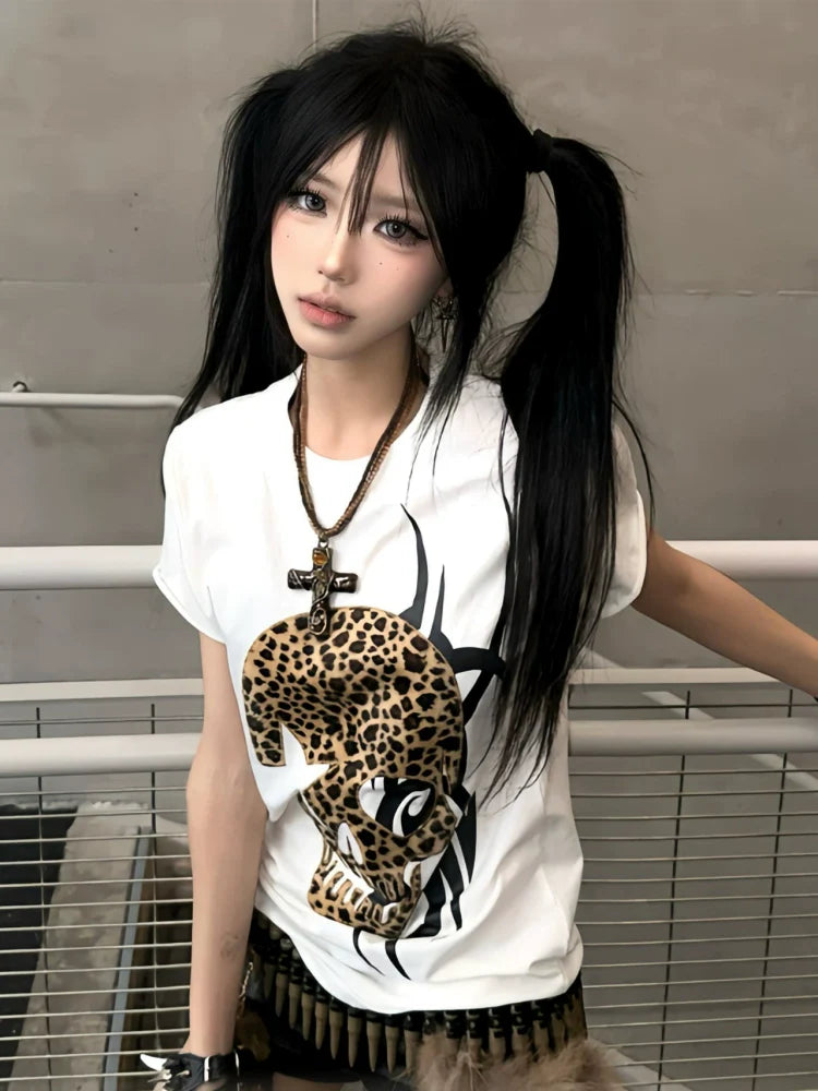 Y2K Skull Leopard Print Short Sleeve Top for Summer