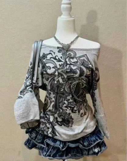 Gray Gothic Rock Punk Y2K E-girl Cross Print One-Shoulder Rhinestone Short Sleeve Top