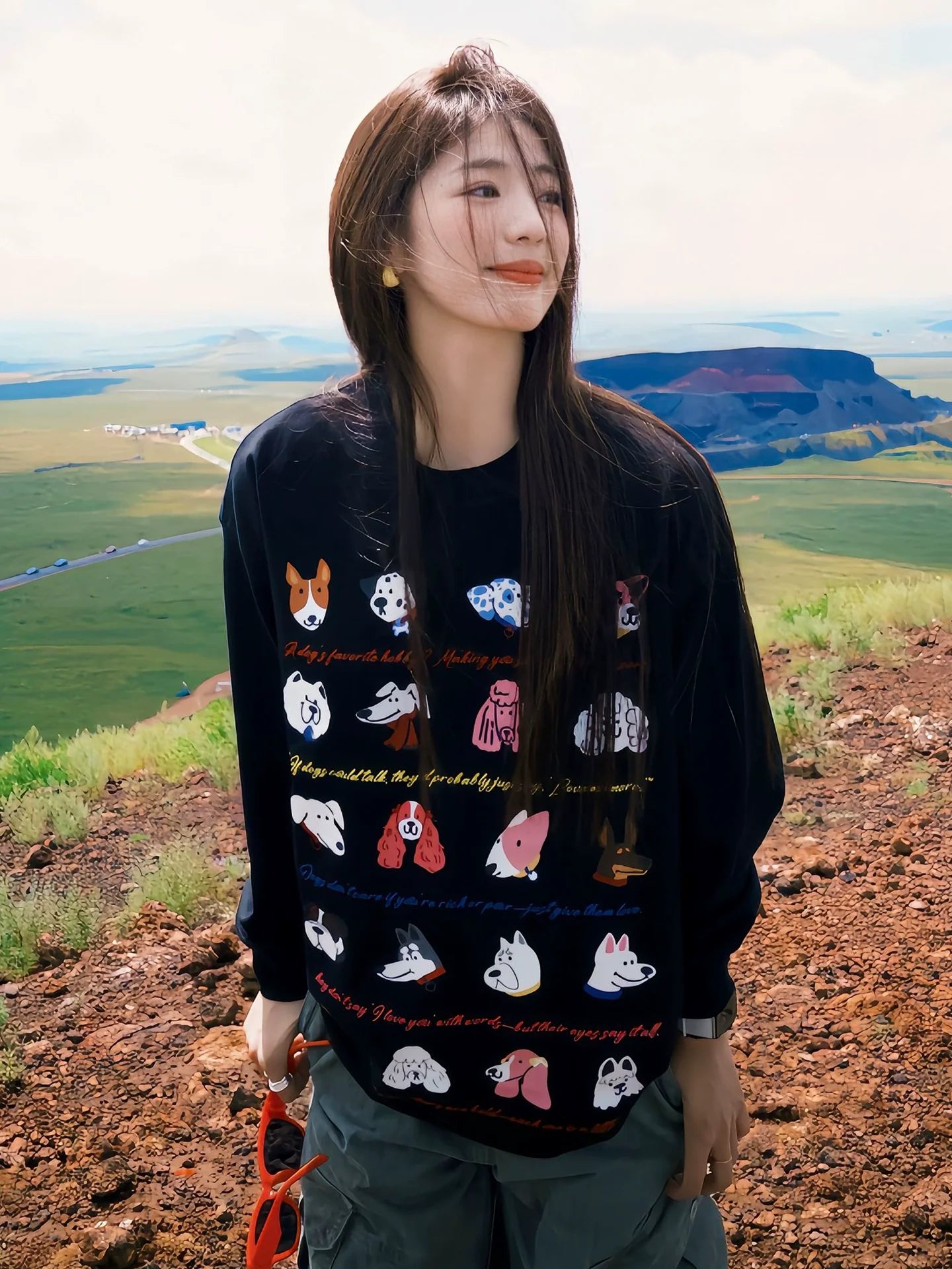 Korean Black Long Sleeve Tee Cute Puppy Print Relaxed Top