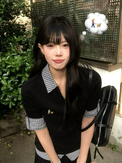 Preppy Black Plaid Polo Tee Layered Short Sleeve Fitted Top