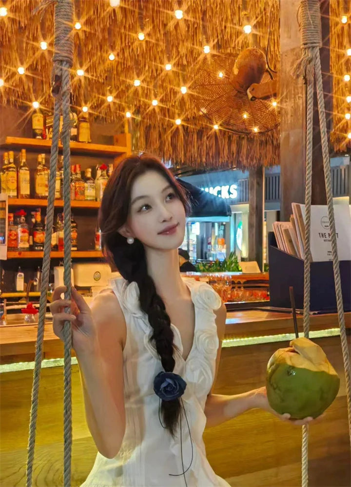 White Sleeveless Midi Dress With 3D Flowers & Ruffles