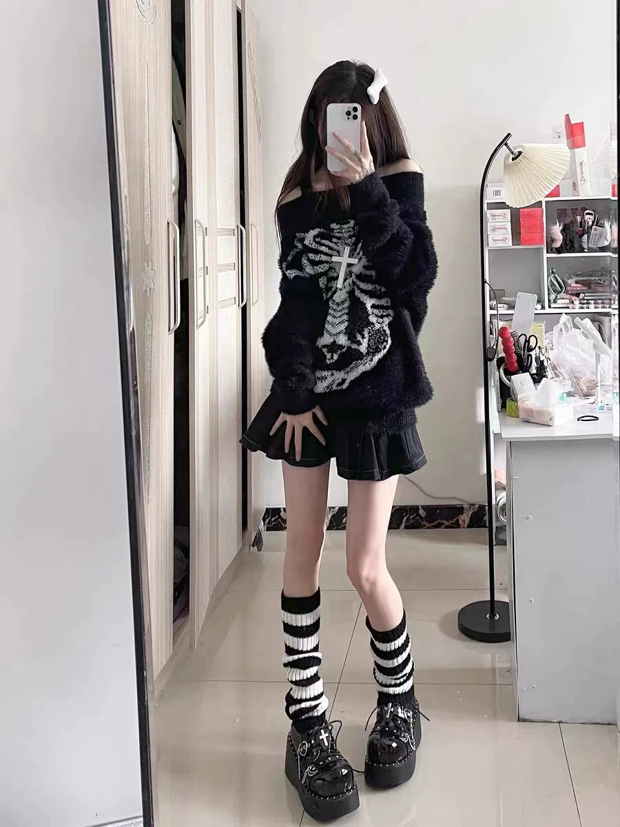 Black Y2K Punk Mink Fur Off-The-Shoulder Mid-Length Sweater