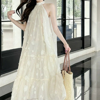 White Embroidered Halter Floral Tulle Gown Dress