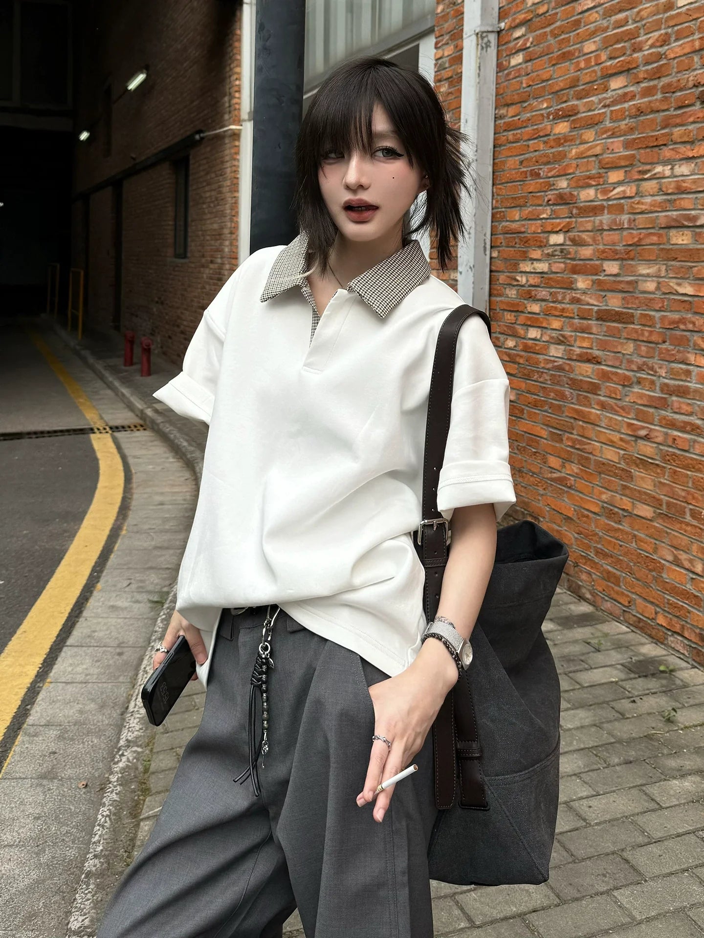 Houndstooth White Polo Tee Cleanfit Summer Short Sleeve Smart Casual Top