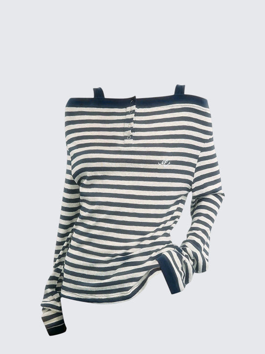 Korean Striped Off-Shoulder Top