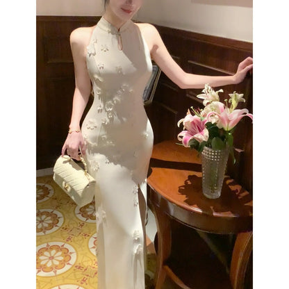Chinese Floral Embroidery White Cheongsam Gown Dress