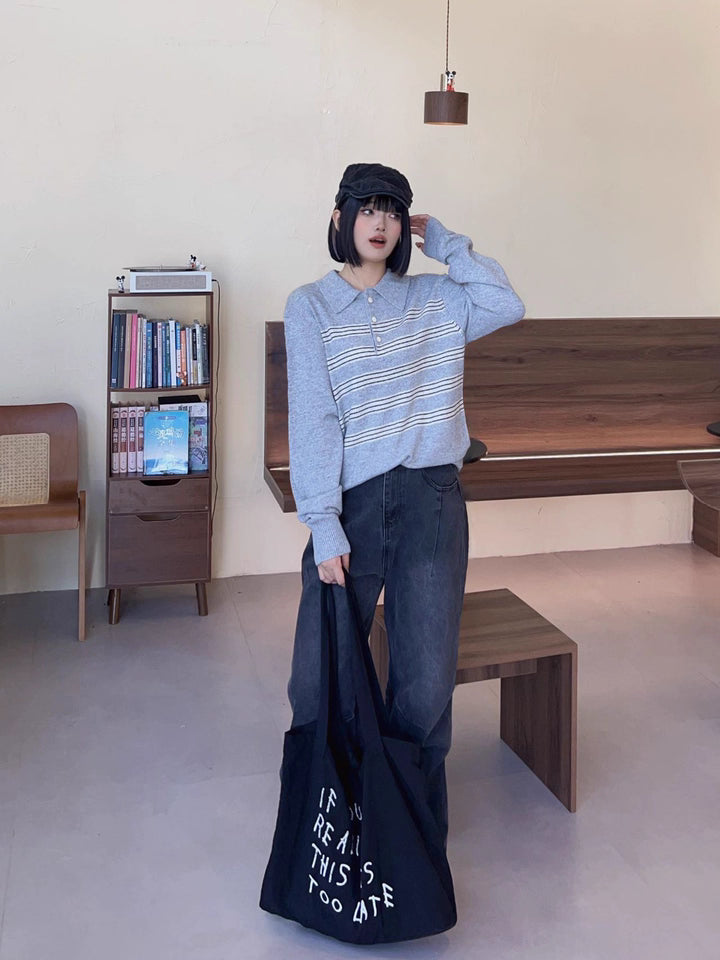 Grey Polo Stripe Knit Sweater Women