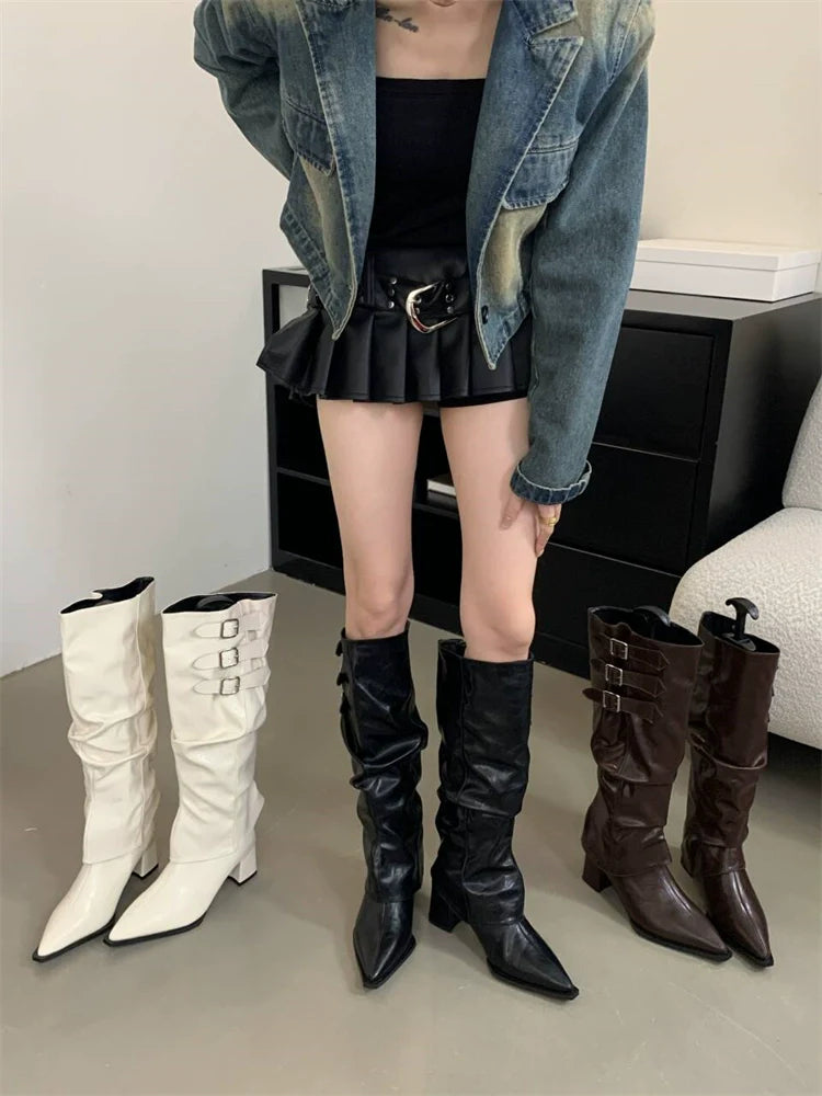 Pointed Toe Two Way High Heel Knee High Boots 2025 Fall Winter New Spicy Girl Vibe Slouchy Ruffled Chunky Heel Cowboy Boots