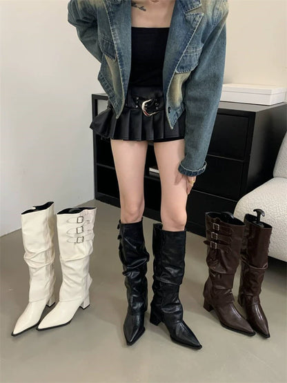Pointed Toe Two Way High Heel Knee High Boots 2025 Fall Winter New Spicy Girl Vibe Slouchy Ruffled Chunky Heel Cowboy Boots