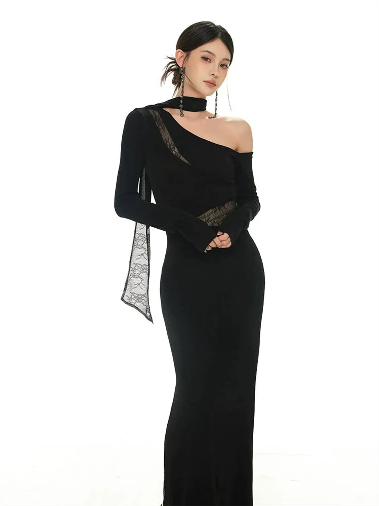 Black Shimmering Lace-Paneled Off-The-Shoulder Slim-Fit Knit Evening Dress