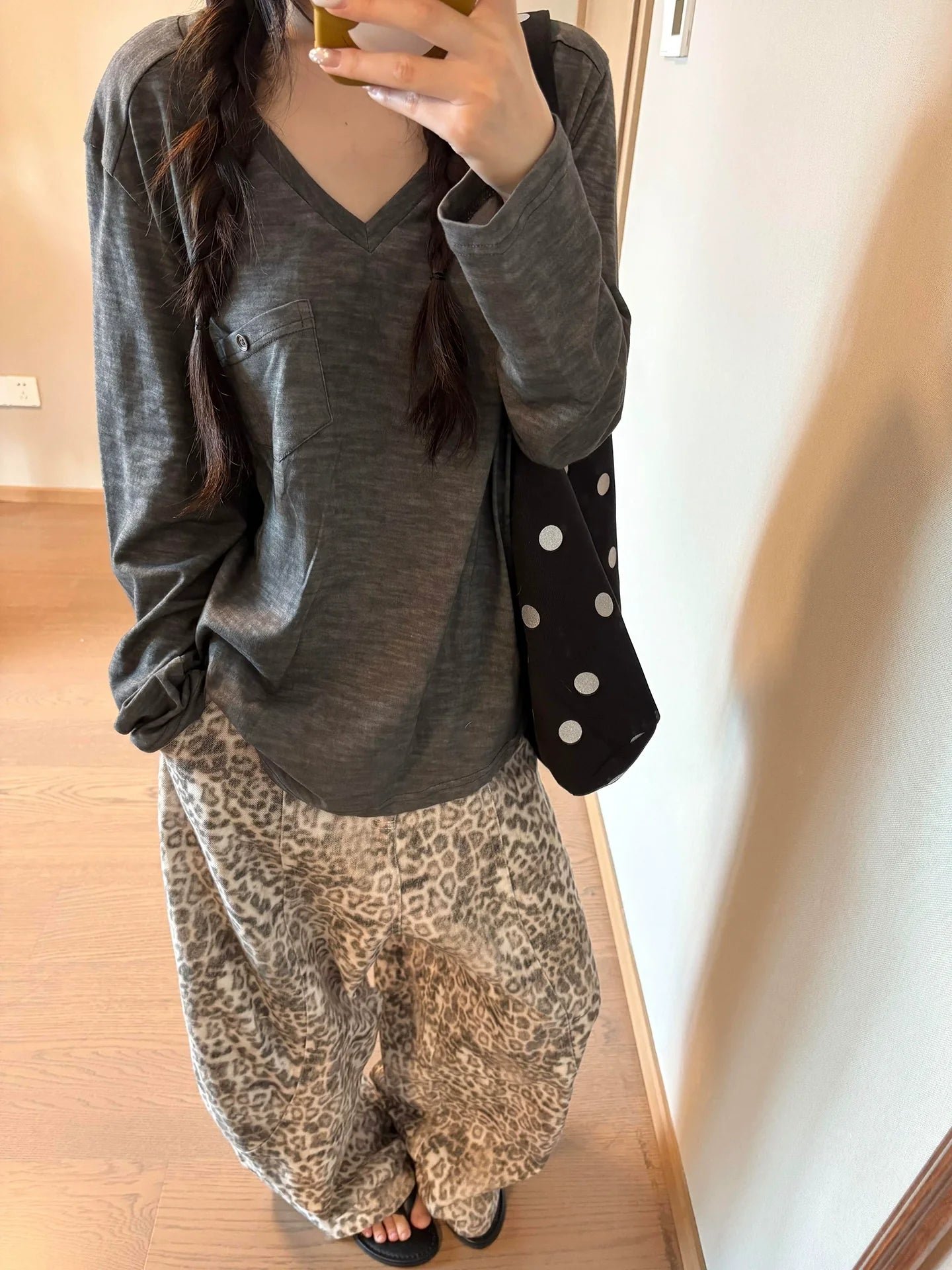 Korean Relaxed V-Neck Long Sleeve Tee  Sheer Slub Cotton Loose Fit Top