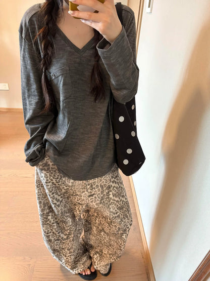 Korean Relaxed V-Neck Long Sleeve Tee  Sheer Slub Cotton Loose Fit Top