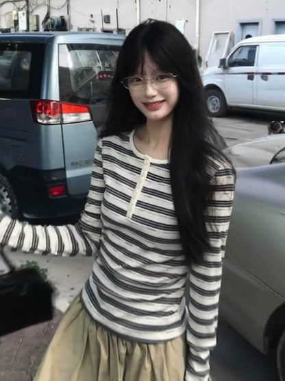 Retro Black White Striped Henley Long Sleeve Top