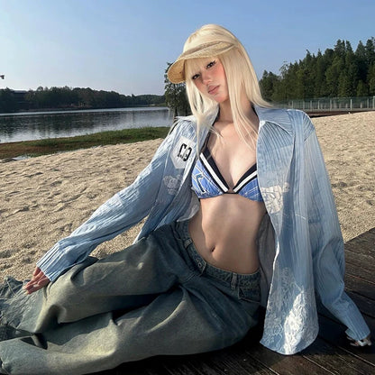 Retro Blue Striped Long Sleeve Shirt