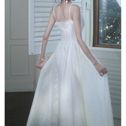 French White Floral Chiffon Halter Gown Dress