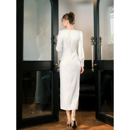 French Satin Long Sleeve Gown Dress