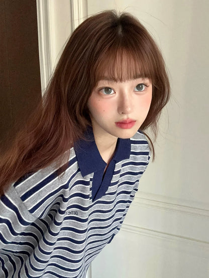 Lazy Striped V-Neck Sweater Autumn-Winter Embroidered Knit Couple Top