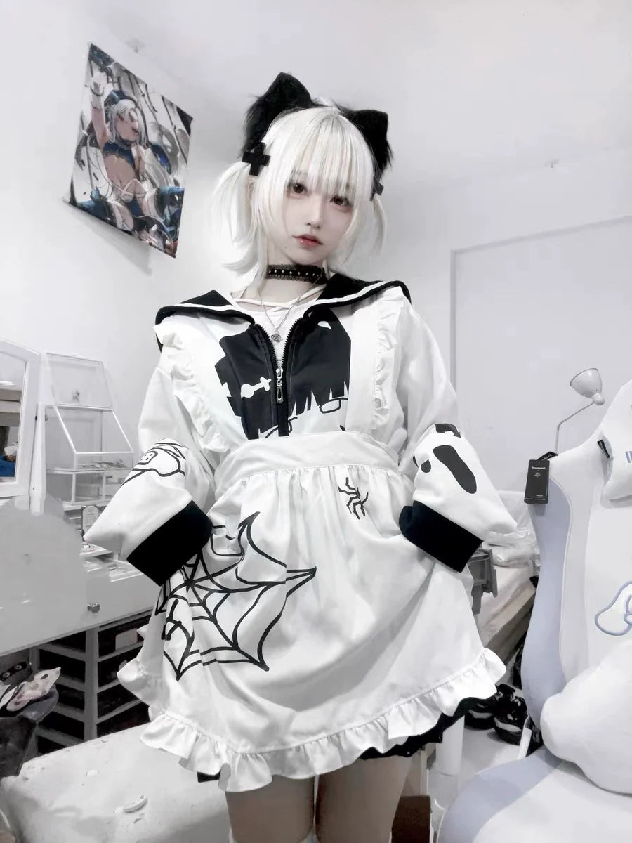 Black & White Injured Kitten Hoodie [Spring-Autumn] Subculture Y2K E-girl Japanese Anime Cat-Ear Autumn/Winter Oversized Jacket