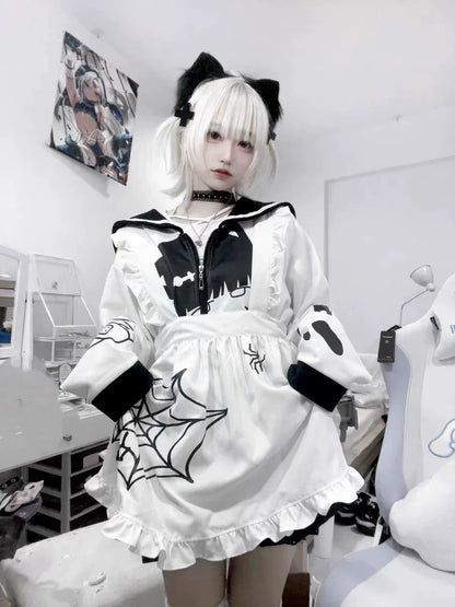 Black & White Injured Kitten Hoodie [Spring-Autumn] Subculture Y2K E-girl Japanese Anime Cat-Ear Autumn/Winter Oversized Jacket