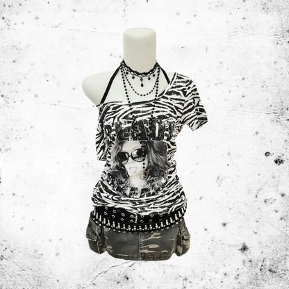 Zebra Stripe Tie-Front Y2K T-Shirt