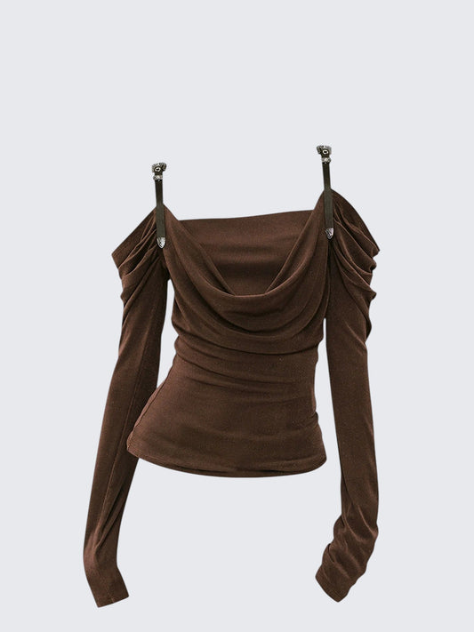Leather Strap Off Shoulder Tee Women