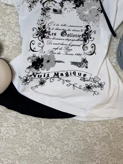 Black White Color Block Fake Two-Piece Halter Y2K T-Shirt