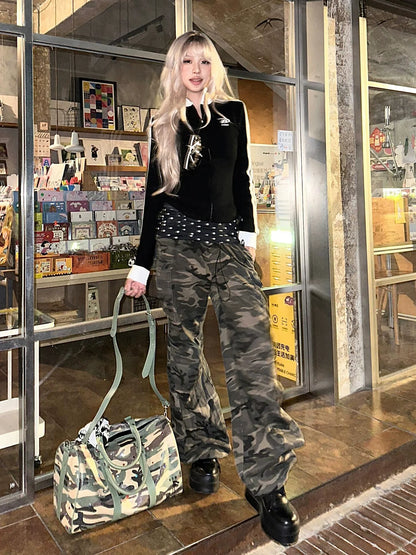 American Half-Turtleneck Sweatshirt Stripe Zip-Up Fitted Knit Top