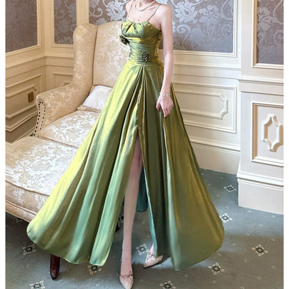 French Forest Floral Shimmer Spaghetti Gown Dress