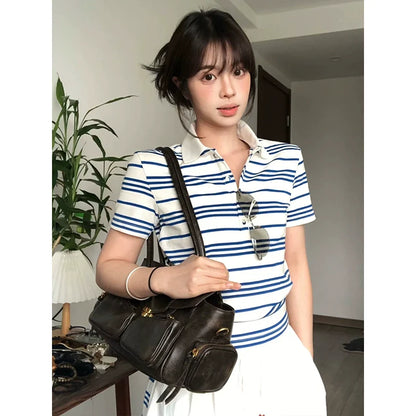 Blue Striped Polo Shirt Short Sleeve