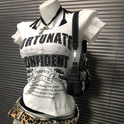 White Letter & Star Fake Two-Piece Tie Rock Punk Y2K T-Shirt