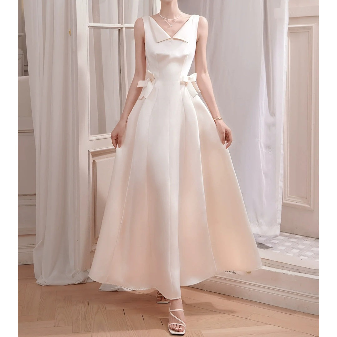 French White Satin V-Neck Sleeveless Butterfly Gown Dress