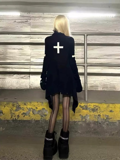 Cross Print Knit Cardigan Subculture Gothic Rock Punk Y2K E-girl Abi Mid-Length Jacket