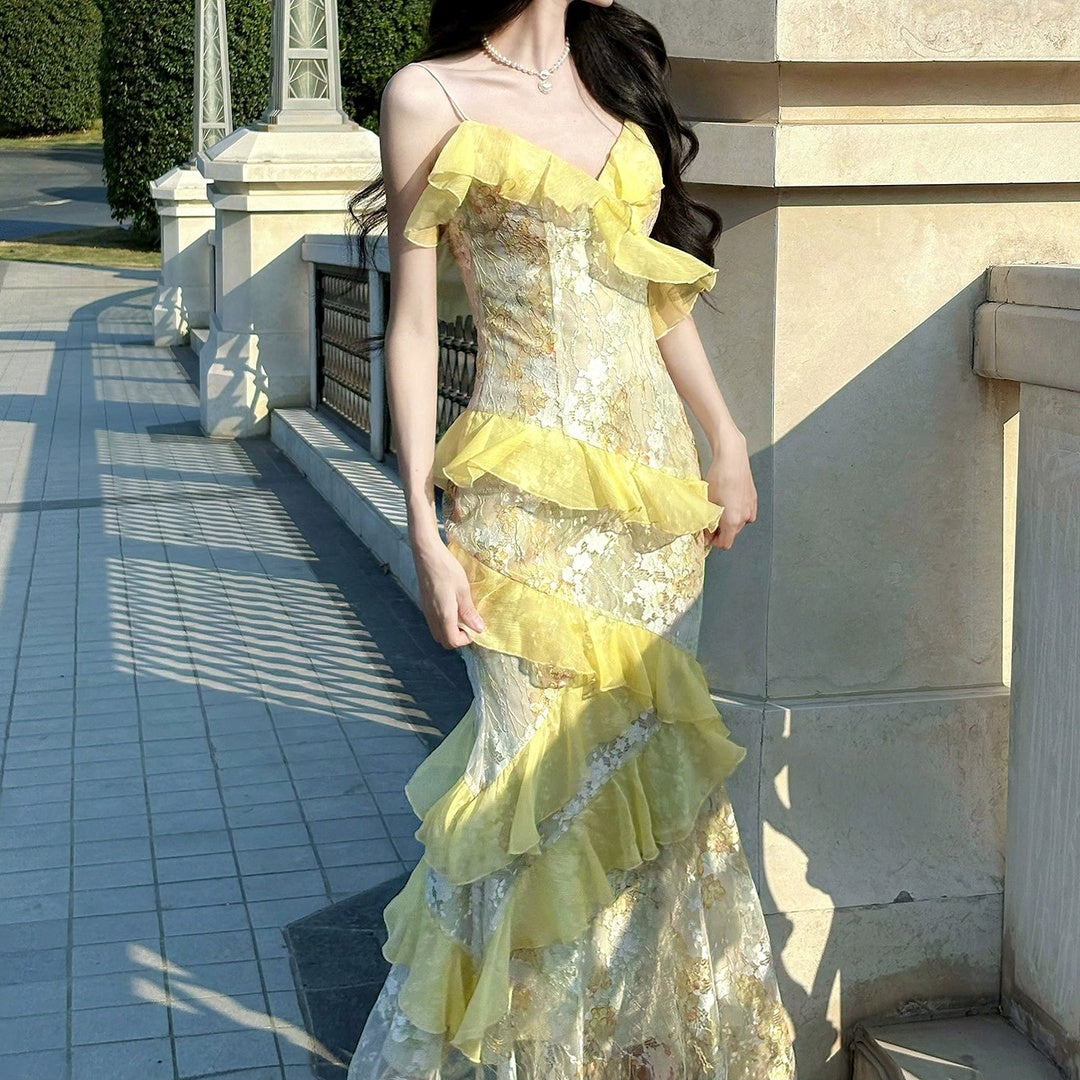 Floral Asymmetrical Ruffle Lace Halter Gown Dress