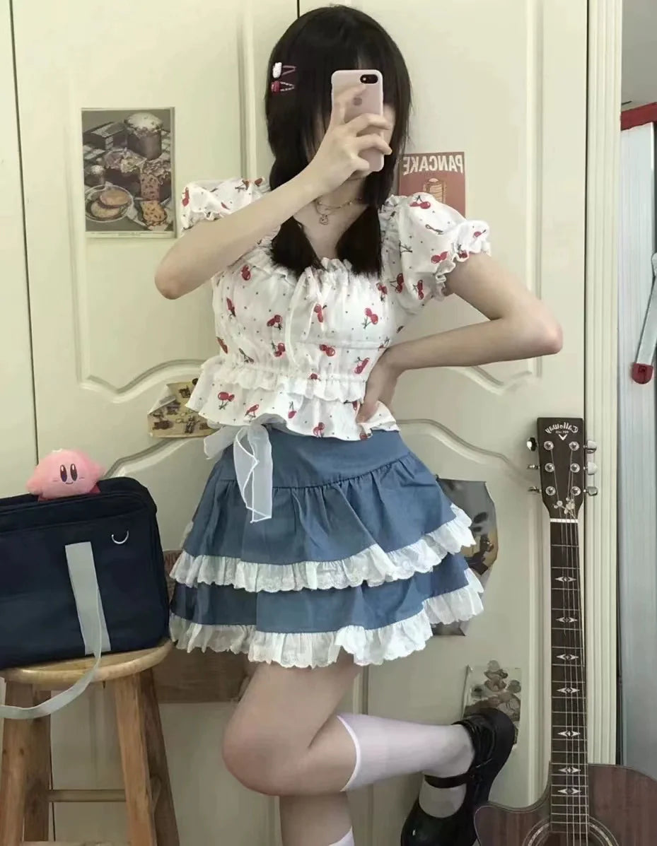Lace-Trimmed Puff Cake Skirt Subculture Y2K E-girl High-Waisted Short Slimming Fluffy Skirt (Summer)