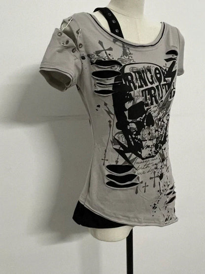 Gray Subculture Punk Y2K E-girl Abi American Retro Skull Fake Two-Piece Short Sleeve Top