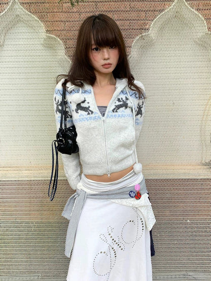 Fair Isle Reindeer Knit Cardigan Cozy Winter Short Sweater