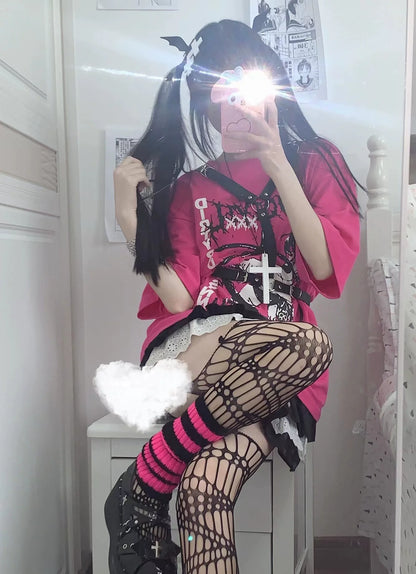 Fuchsia Otaku Harajuku Cartoon Print Oversized Y2K T-Shirt