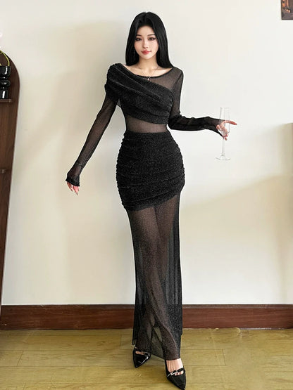 French Luxury Sheer Lustrous Silk Ruched Fat-Hiding Slimming Maxi Dress