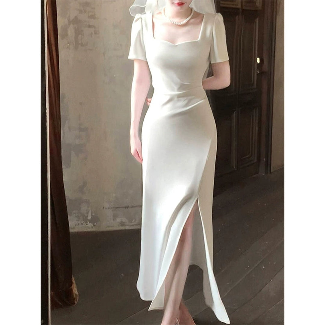 French Short Sleeve Square Neck Gown Dress